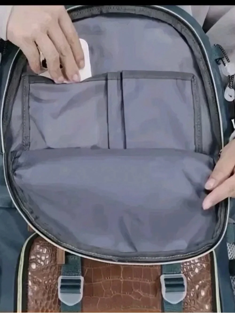 Men's Teal Backpack with Brown Accent and Multiple Compartments